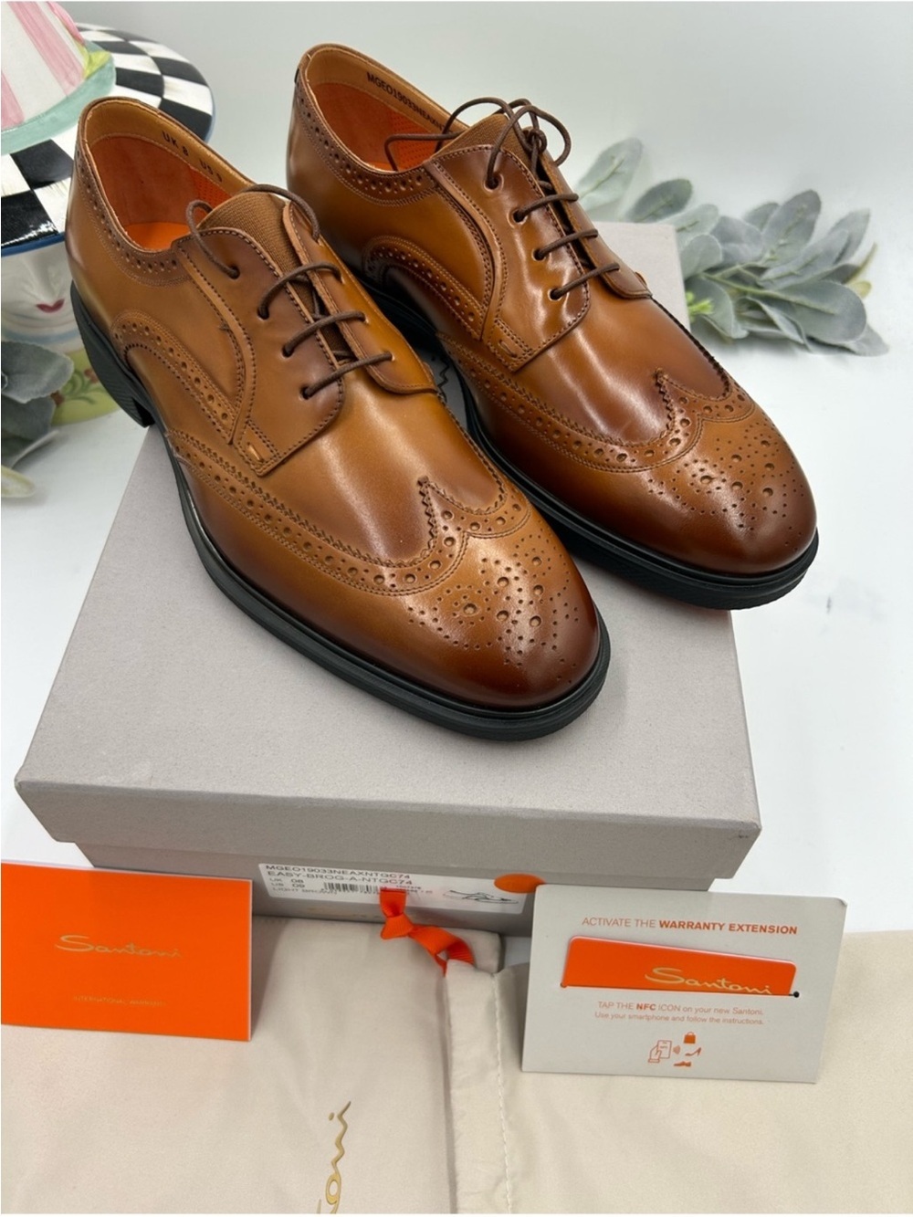 Men’s Santoni easy wing tip brown burnished leather Oxford size 9 US made Italy